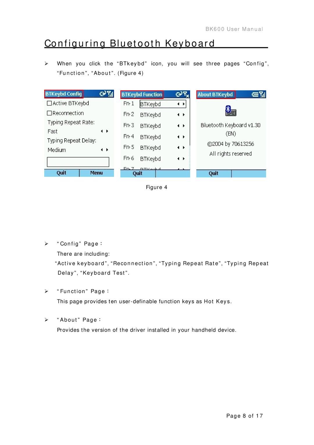 Microsoft BK600 user manual ¾ Config Page：, ¾ About Page： 