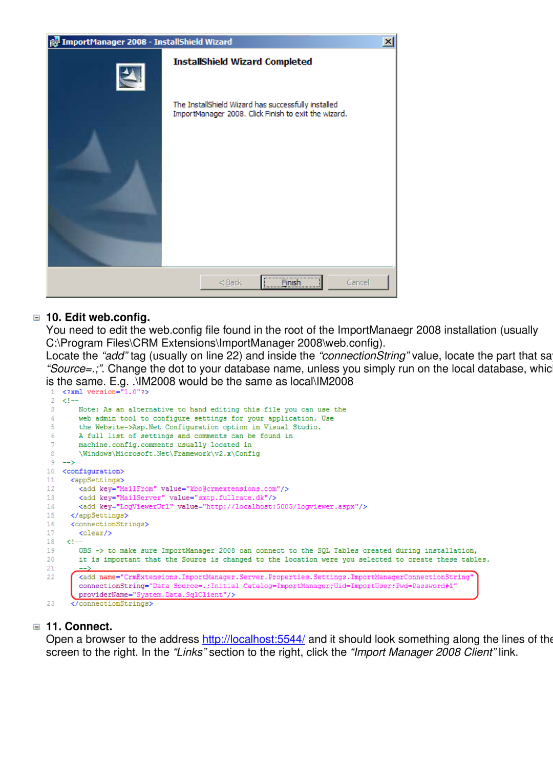 Microsoft C360 manual Edit web.config, Connect 