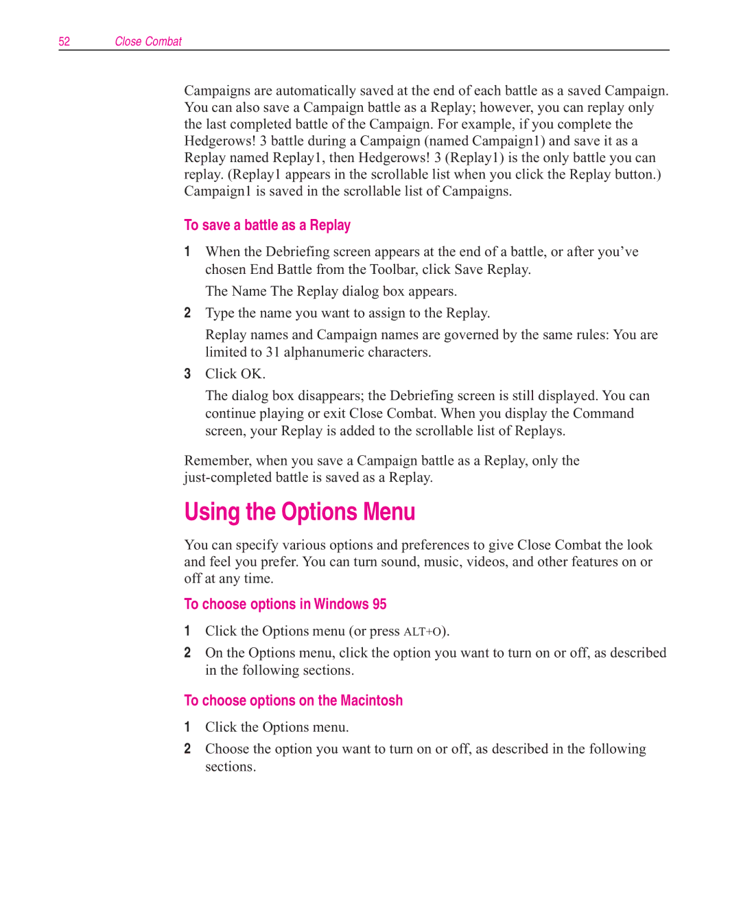 Microsoft Close Combat manual Using the Options Menu, To save a battle as a Replay, To choose options in Windows 