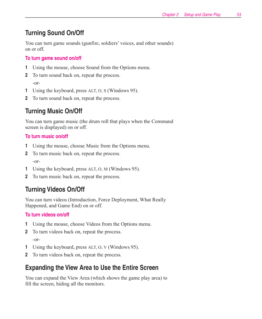Microsoft Close Combat manual Turning Sound On/Off, Turning Music On/Off, Turning Videos On/Off 