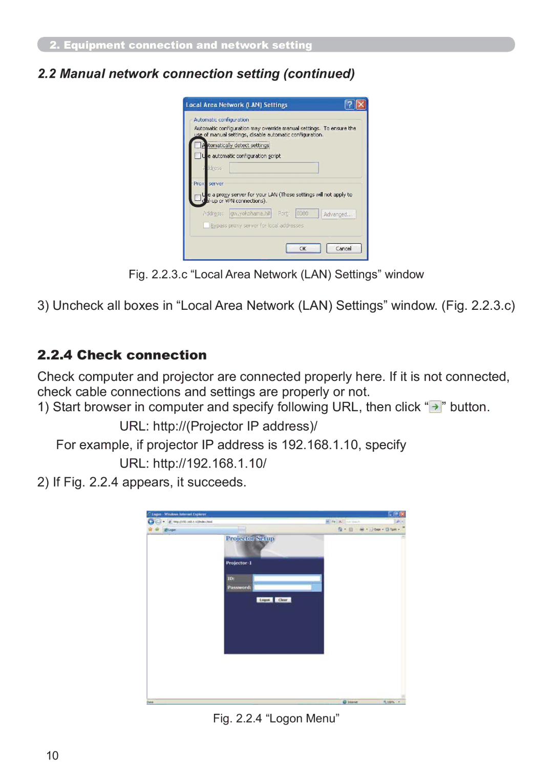 Microsoft CP-D31N user manual Check connection, c Local Area Network LAN Settings window 