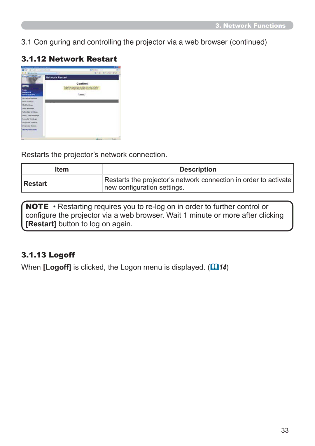 Microsoft CP-D31N user manual Network Restart, Restarts the projector’s network connection, Logoff, Description Restart 