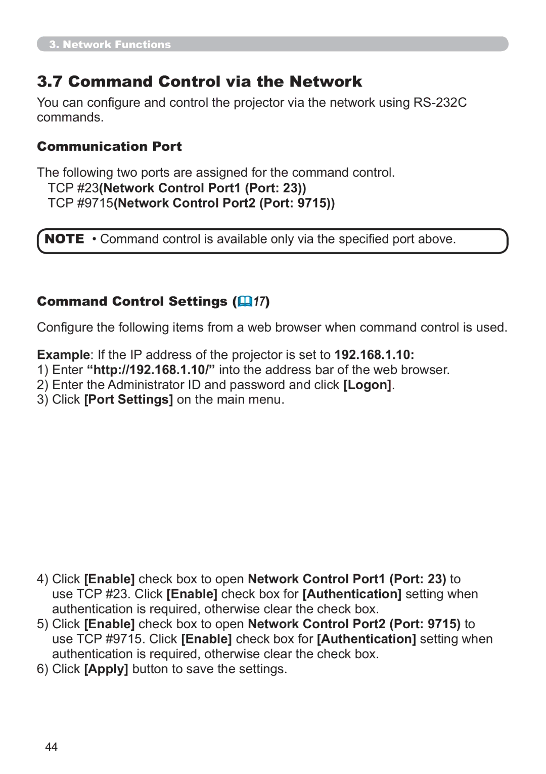 Microsoft CP-D31N user manual Command Control via the Network, Communication Port 