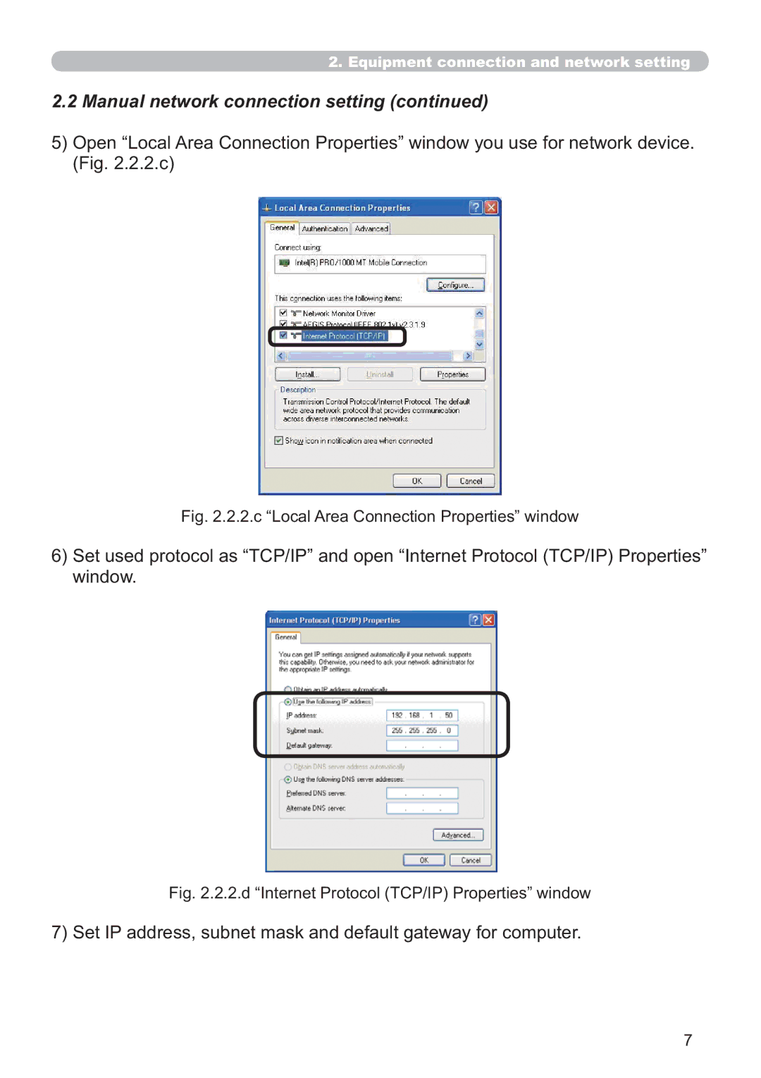 Microsoft CP-D31N Manual network connection setting, Set IP address, subnet mask and default gateway for computer 