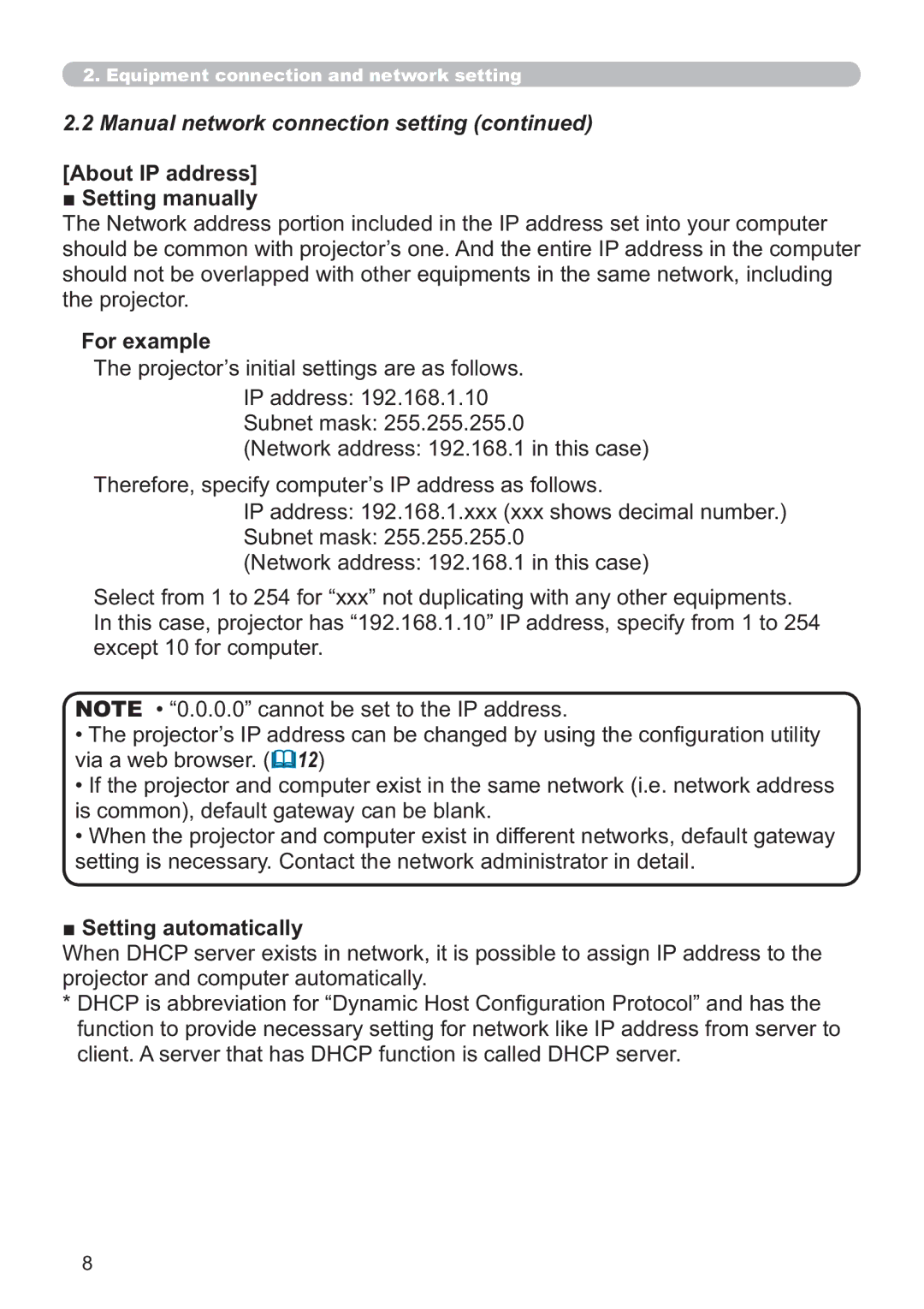 Microsoft CP-D31N user manual About IP address Setting manually, For example, Setting automatically 