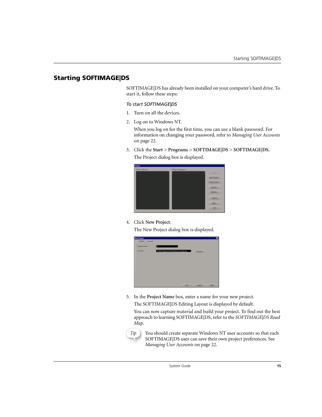 Microsoft DHA025600 manual Starting Softimageds, New Project dialog box is displayed 