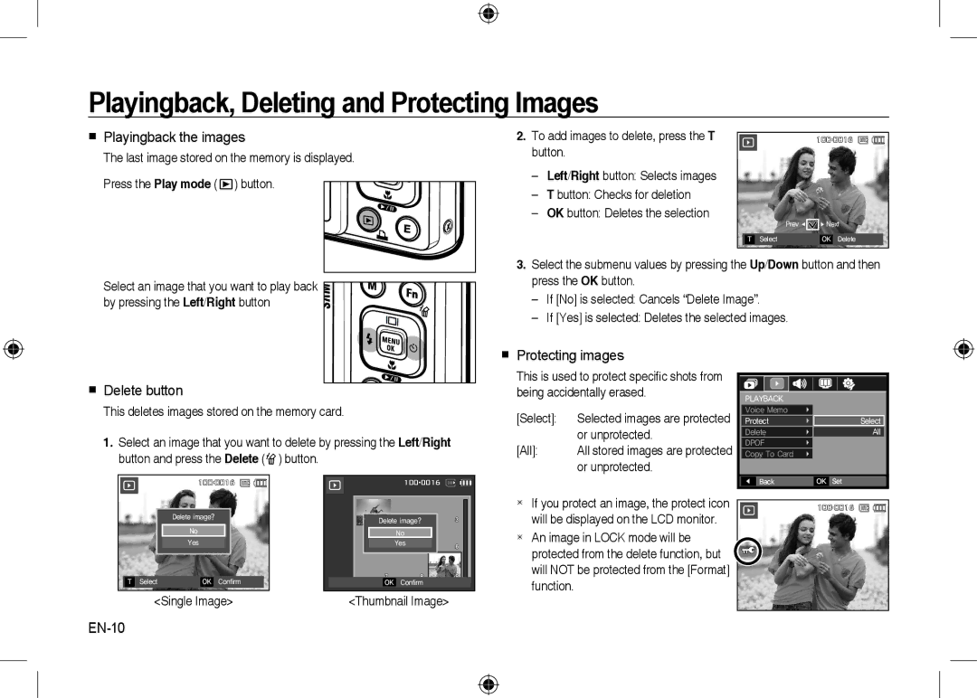 Microsoft Digital Camera Playingback, Deleting and Protecting Images,  Playingback the images,  Delete button, EN-10 