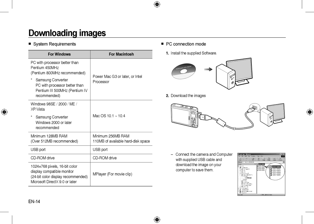 Microsoft Digital Camera Downloading images,  System Requirements,  PC connection mode, EN-14, For Windows For Macintosh 