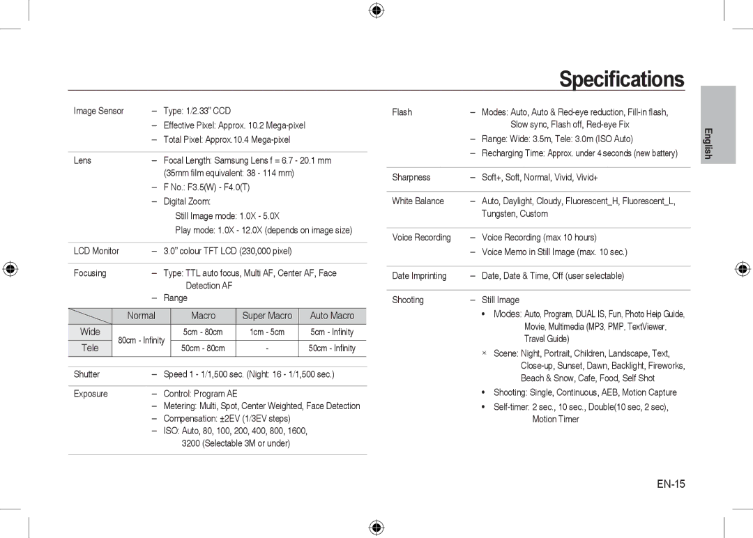 Microsoft Digital Camera user manual Speciﬁcations, EN-15 