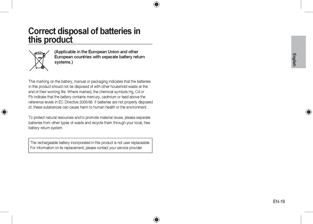 Microsoft Digital Camera user manual Correct disposal of batteries in this product, EN-19 