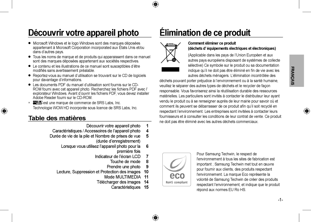 Microsoft Digital Camera user manual Découvrir votre appareil photo, Élimination de ce produit, Table des matières 