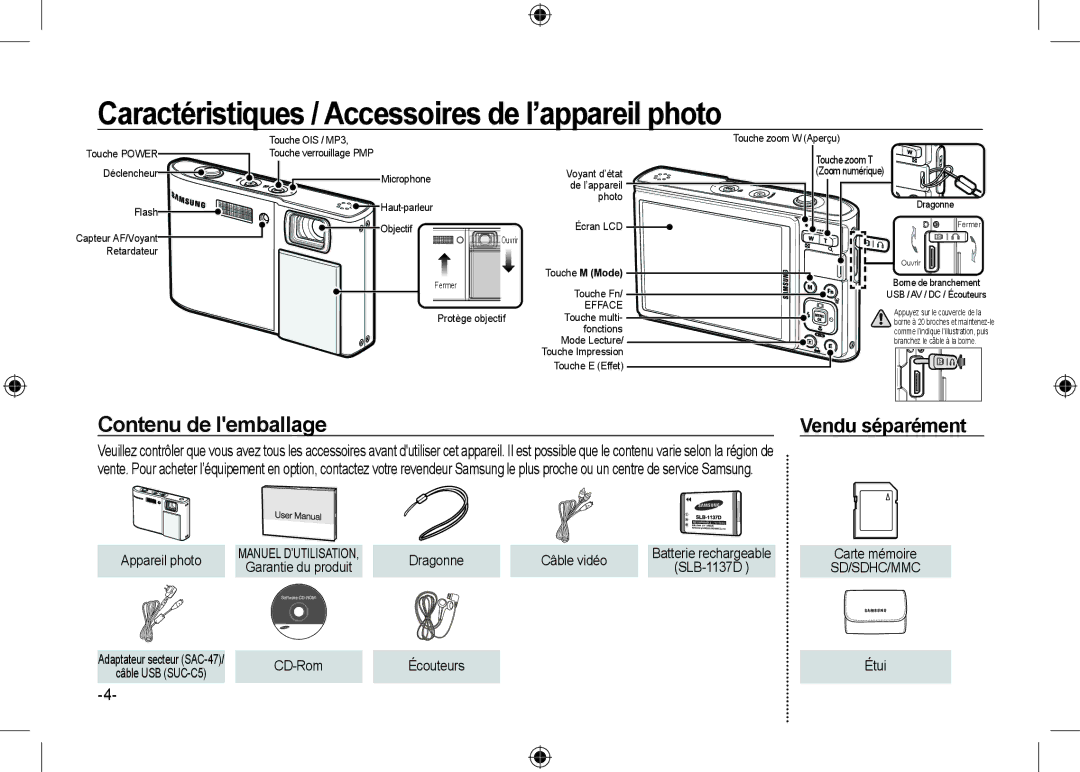 Microsoft Digital Camera Caractéristiques / Accessoires de l’appareil photo, Contenu de lemballage, Appareil photo 