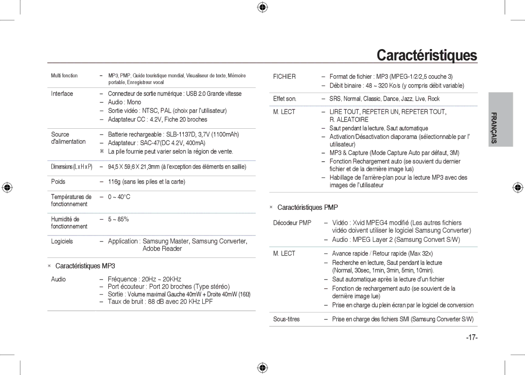 Microsoft Digital Camera Interface, Sortie vidéo NTSC, PAL choix par l’utilisateur, Adaptateur CC 4.2V, Fiche 20 broches 