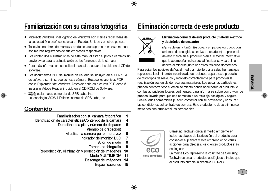 Microsoft Digital Camera user manual Familiarización con su cámara fotográﬁca, Contenido 