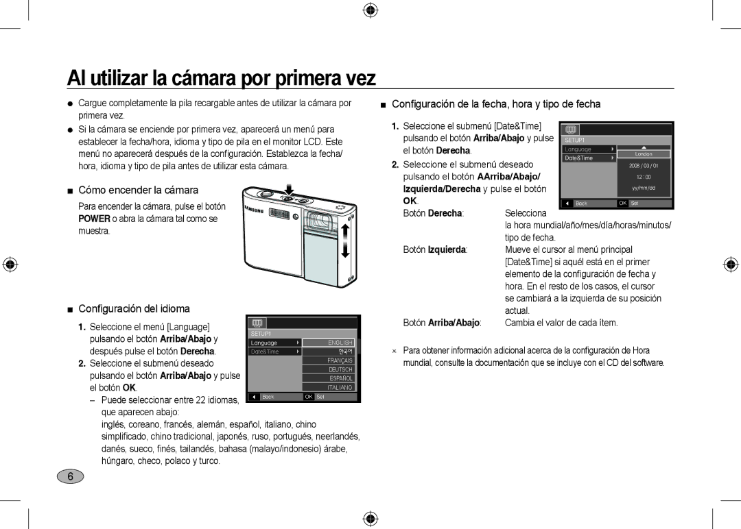 Microsoft Digital Camera Al utilizar la cámara por primera vez,  Cómo encender la cámara,  Conﬁ guración del idioma 