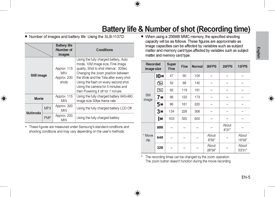 Microsoft Digital Camera user manual Battery life & Number of shot Recording time, EN-5 