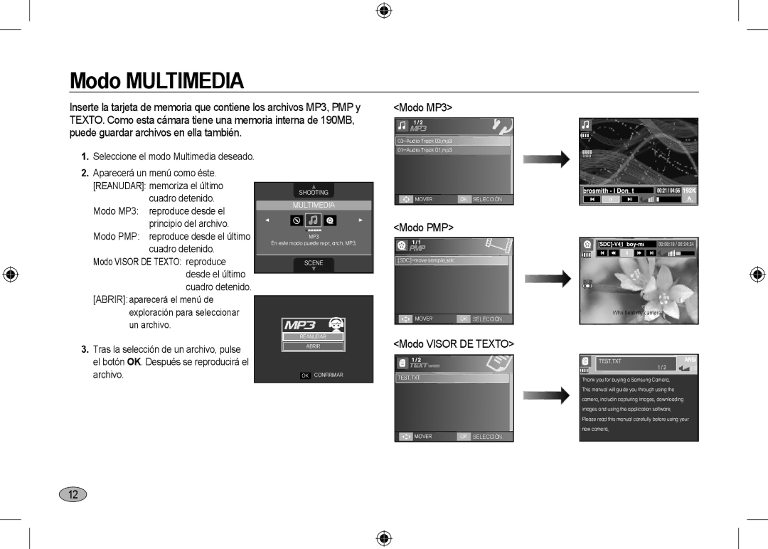 Microsoft Digital Camera user manual Modo MP3, Modo PMP, Modo Visor DE Texto 