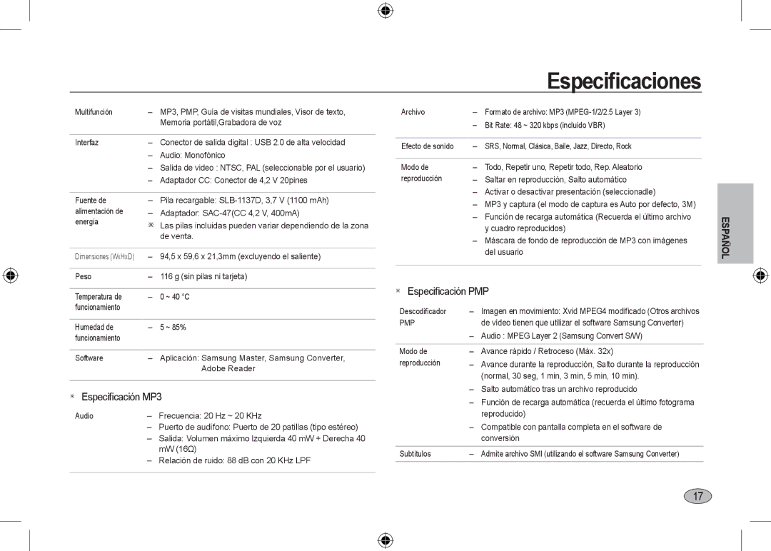 Microsoft Digital Camera user manual  Especiﬁcación MP3 