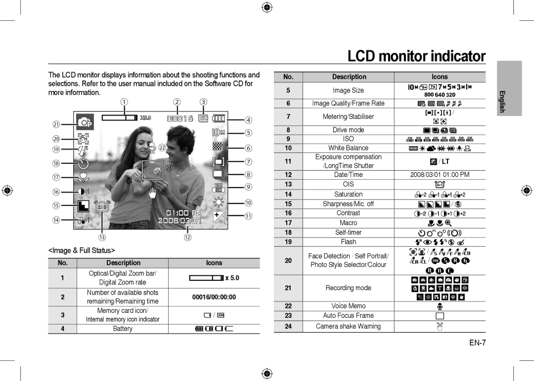 Microsoft Digital Camera user manual LCD monitor indicator, Image & Full Status, EN-7, Icons, 00016/000000 