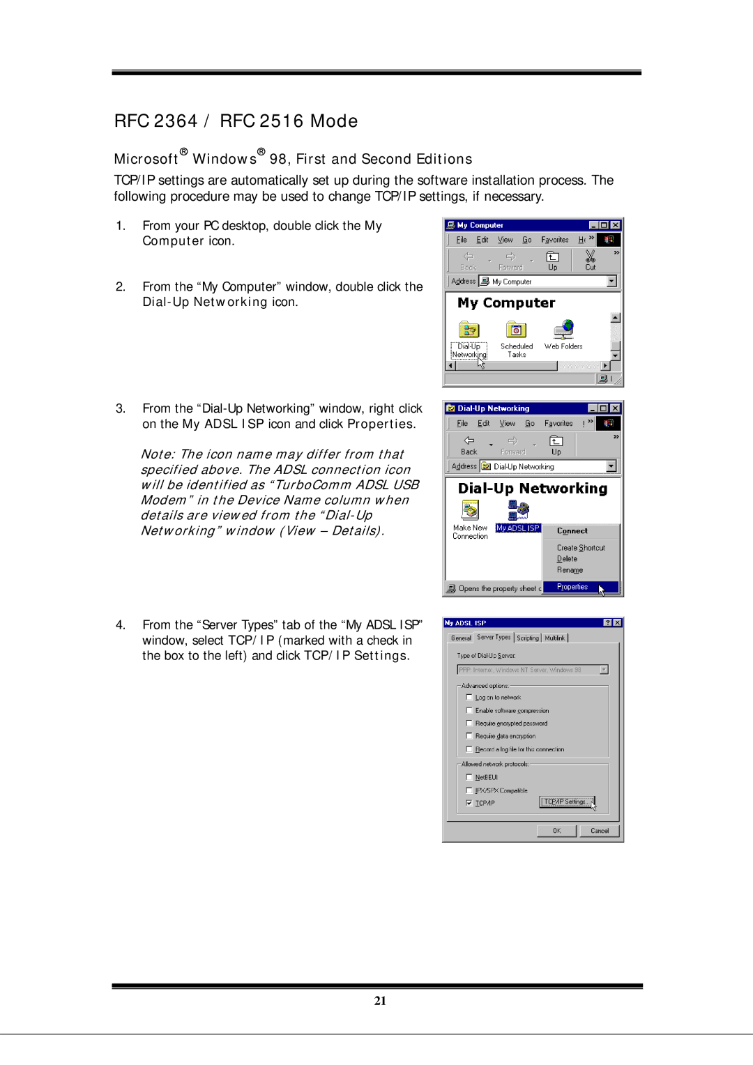 Microsoft EA900 manual RFC 2364 / RFC 2516 Mode, Microsoft Windows 98, First and Second Editions 