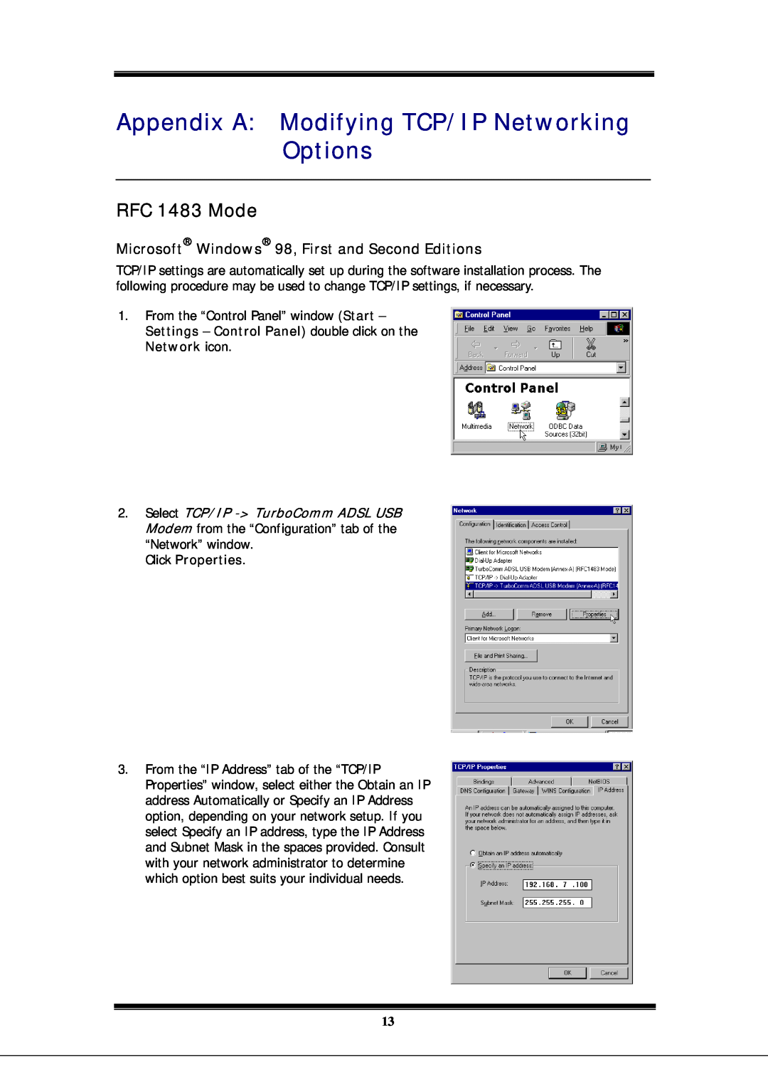 Microsoft EA900 manual Appendix A Modifying TCP/IP Networking Options, RFC 1483 Mode, Click Properties 