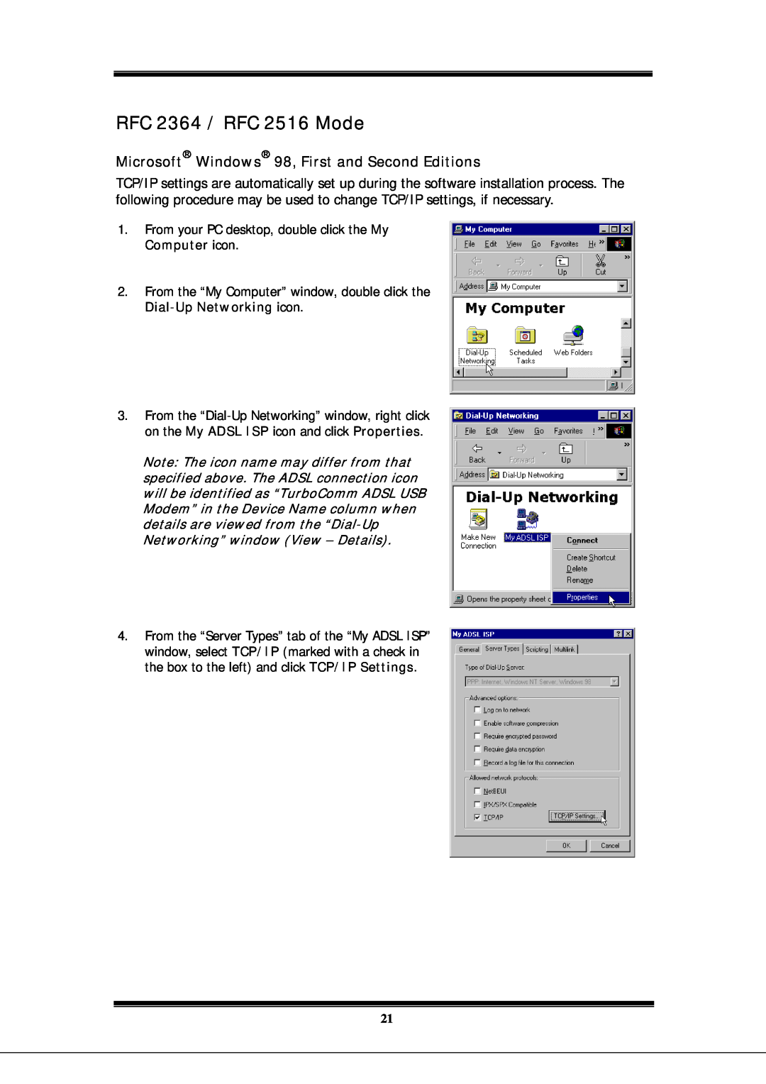 Microsoft EA900 manual RFC 2364 / RFC 2516 Mode, Microsoft Windows 98, First and Second Editions 