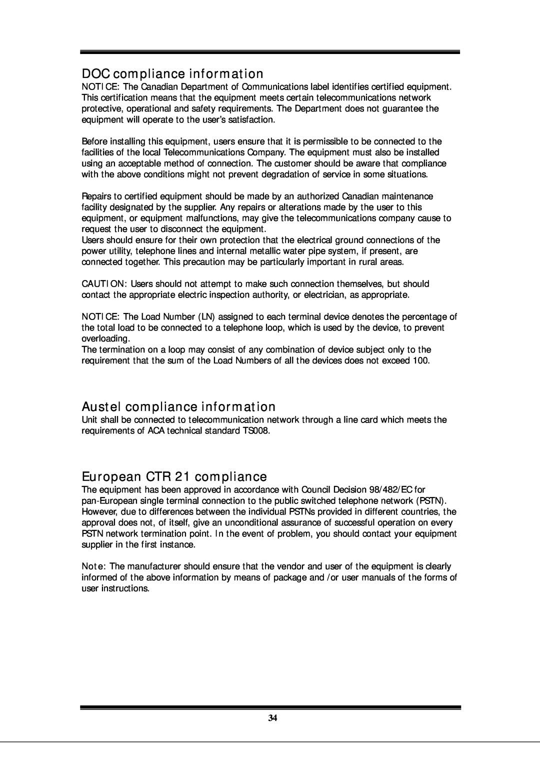 Microsoft EA900 manual DOC compliance information, Austel compliance information, European CTR 21 compliance 