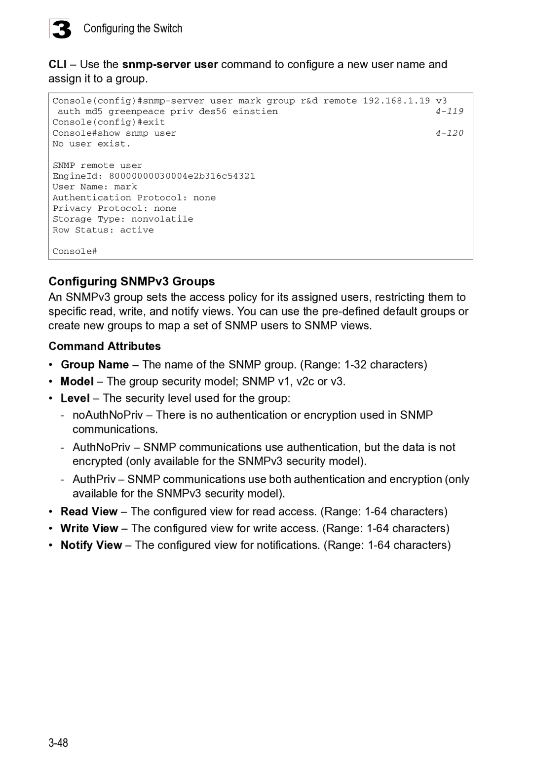 Microsoft ES4625, ES4649 manual Configuring SNMPv3 Groups 