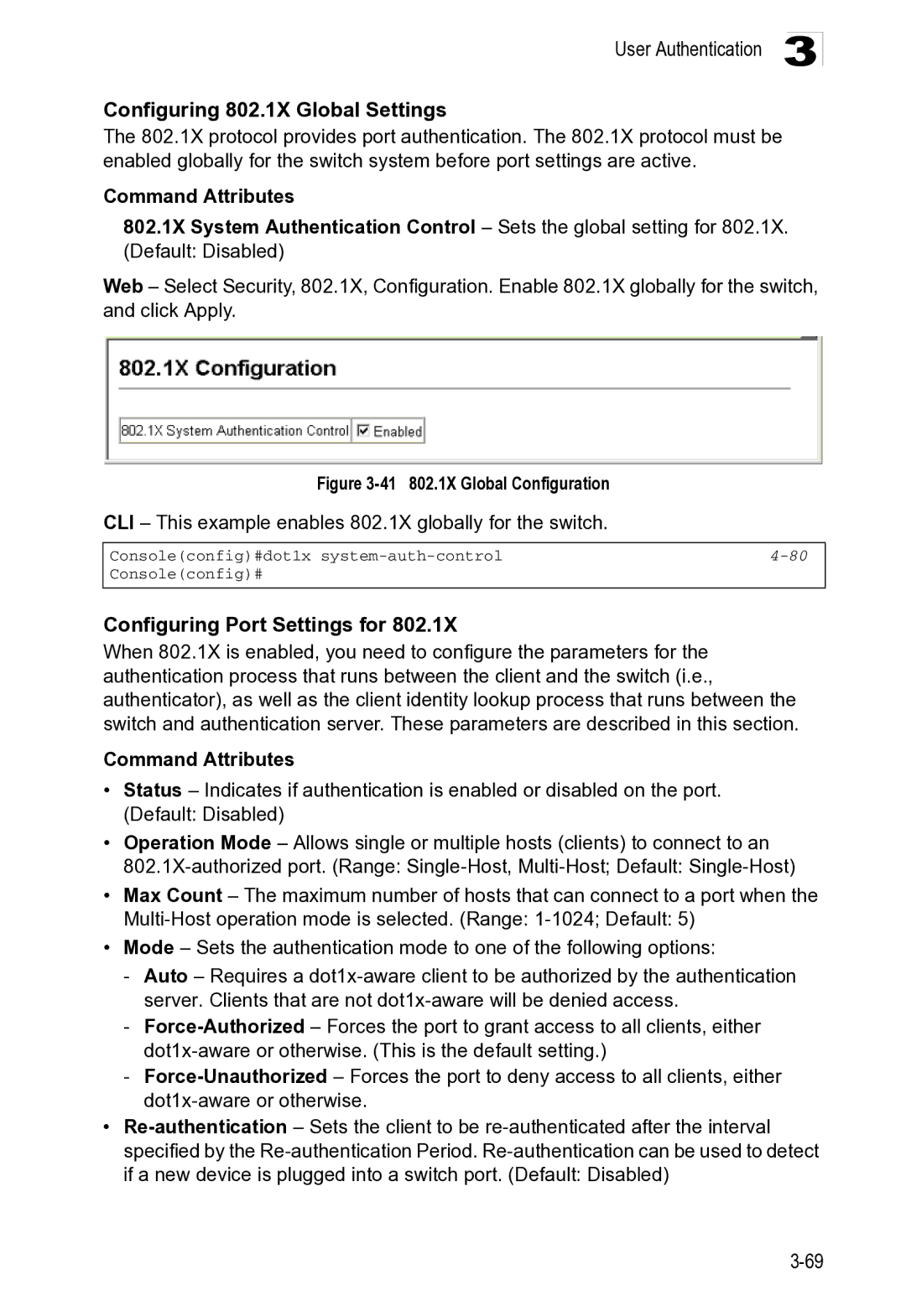 Microsoft ES4649, ES4625 manual User Authentication Configuring 802.1X Global Settings, Configuring Port Settings for 