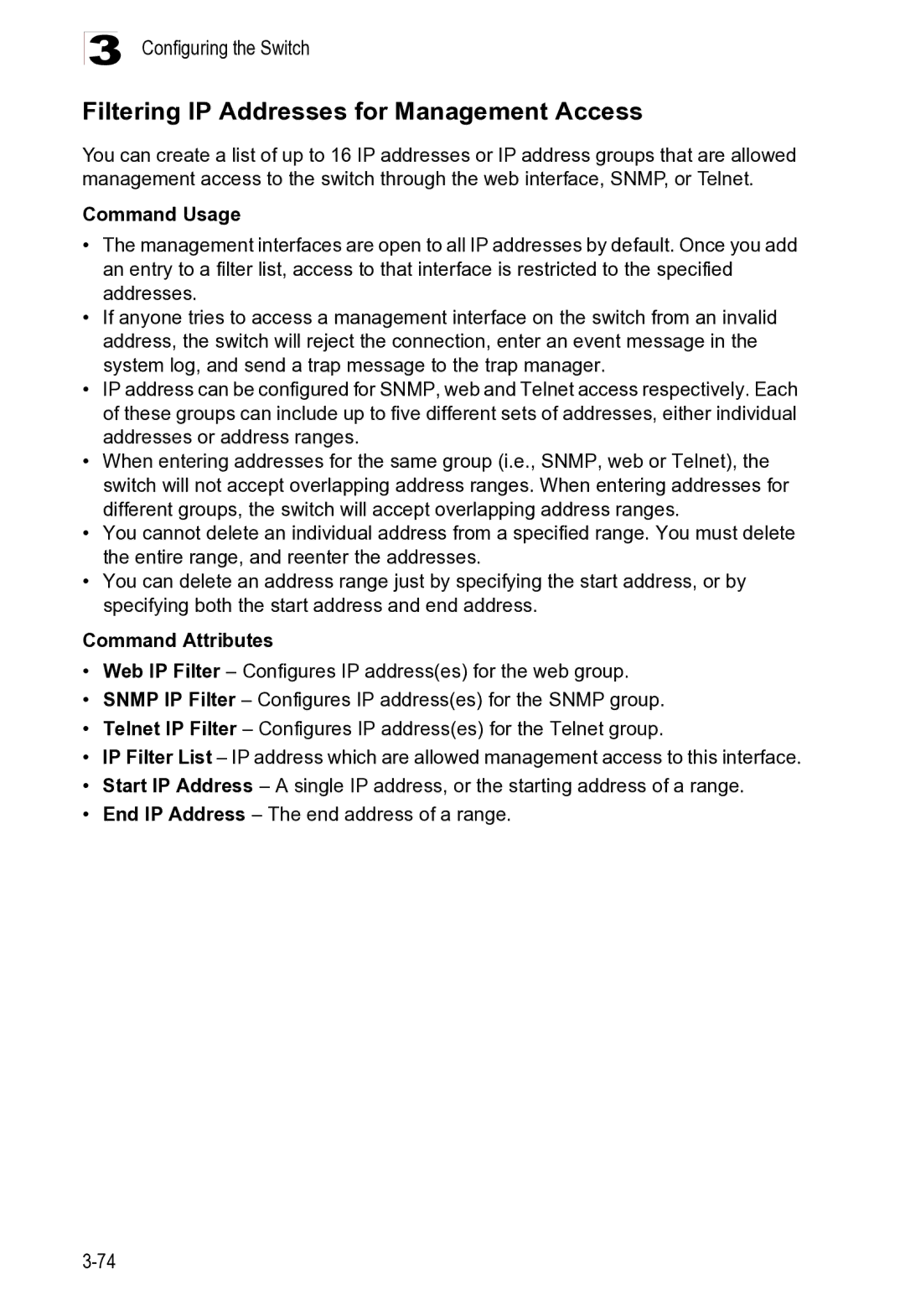 Microsoft ES4625, ES4649 manual Filtering IP Addresses for Management Access, Configuring the Switch 