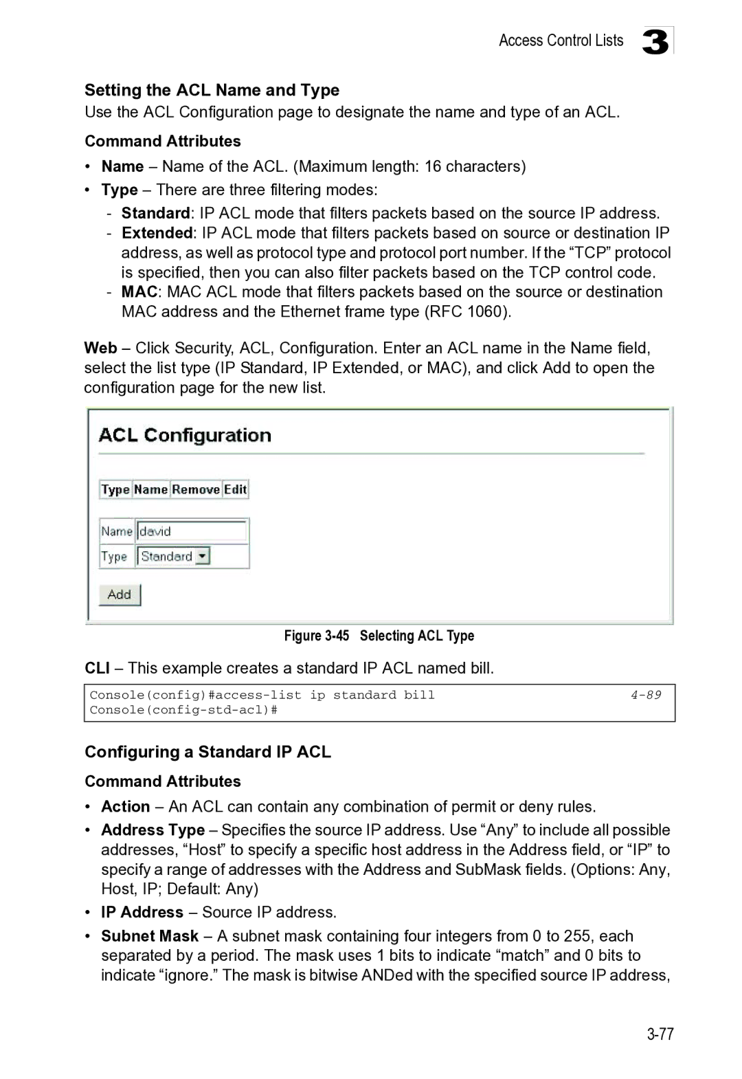 Microsoft ES4649, ES4625 manual Access Control Lists Setting the ACL Name and Type, Configuring a Standard IP ACL 