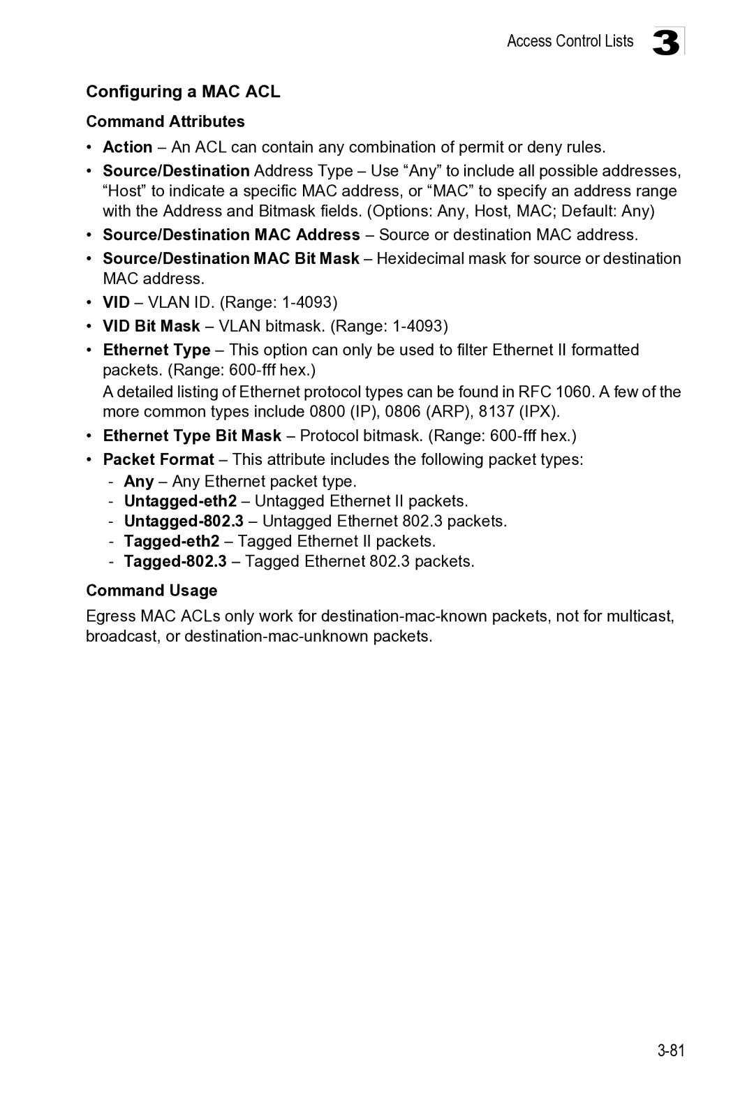 Microsoft ES4649, ES4625 manual Access Control Lists Configuring a MAC ACL 