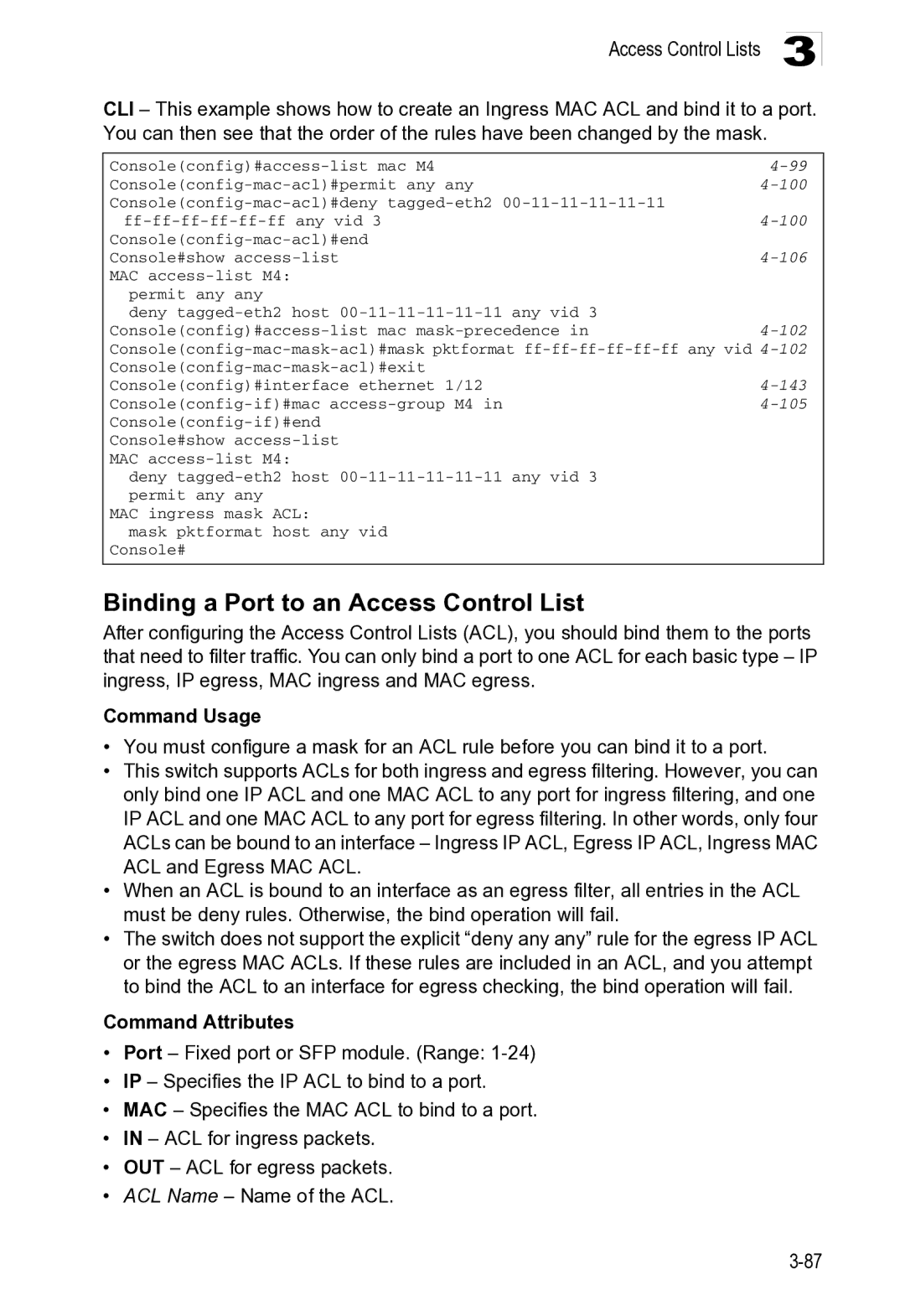 Microsoft ES4649, ES4625 manual Binding a Port to an Access Control List, 106, 102, 105 