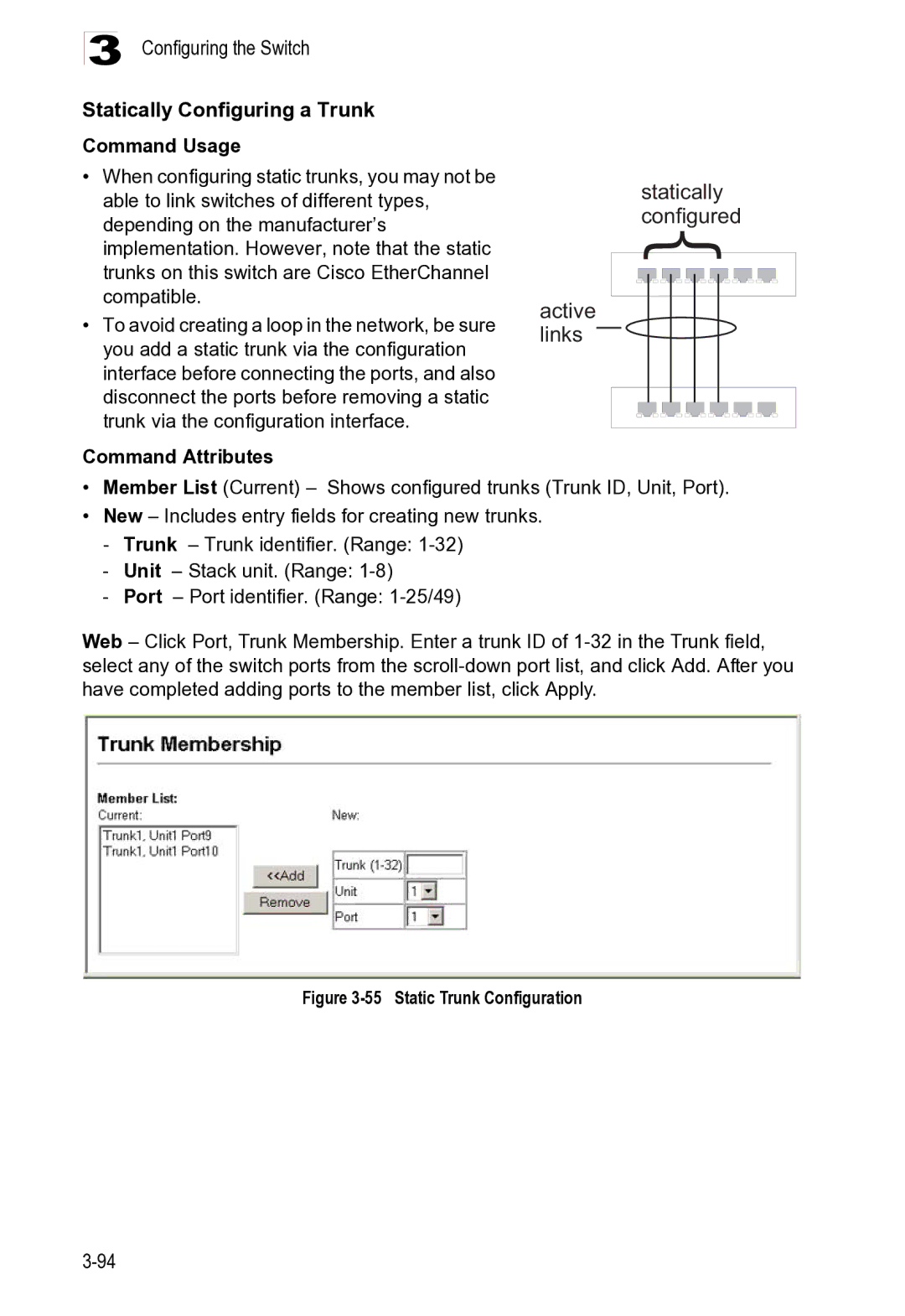 Microsoft ES4625, ES4649 manual Configuring the Switch Statically Configuring a Trunk, Static Trunk Configuration 