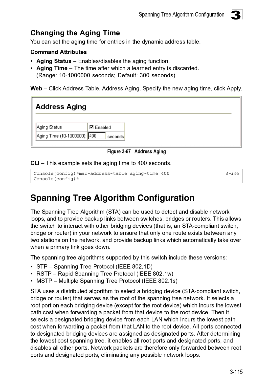 Microsoft ES4649, ES4625 manual Spanning Tree Algorithm Configuration, Changing the Aging Time, 169 