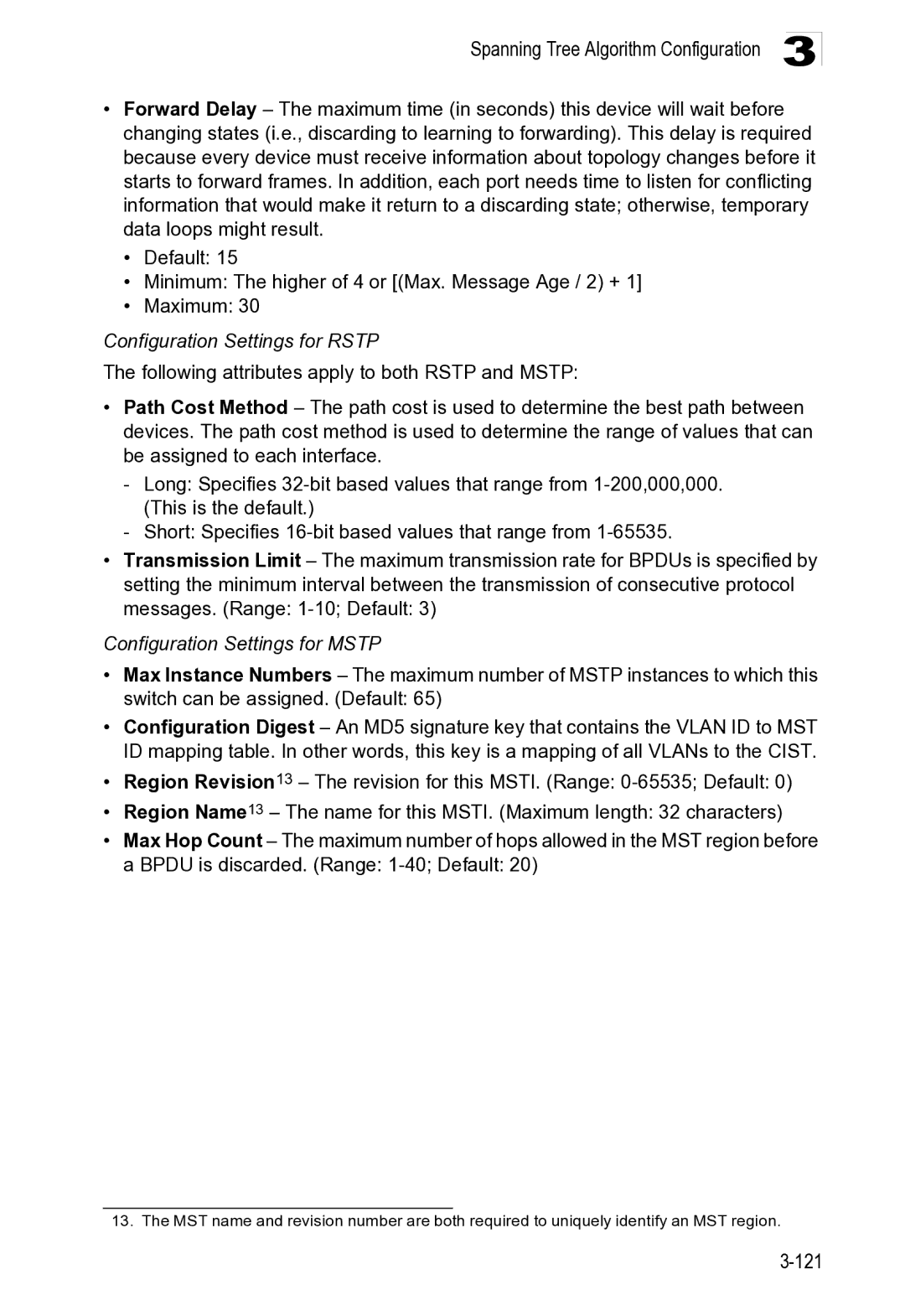 Microsoft ES4649, ES4625 manual Configuration Settings for Rstp, Configuration Settings for Mstp 