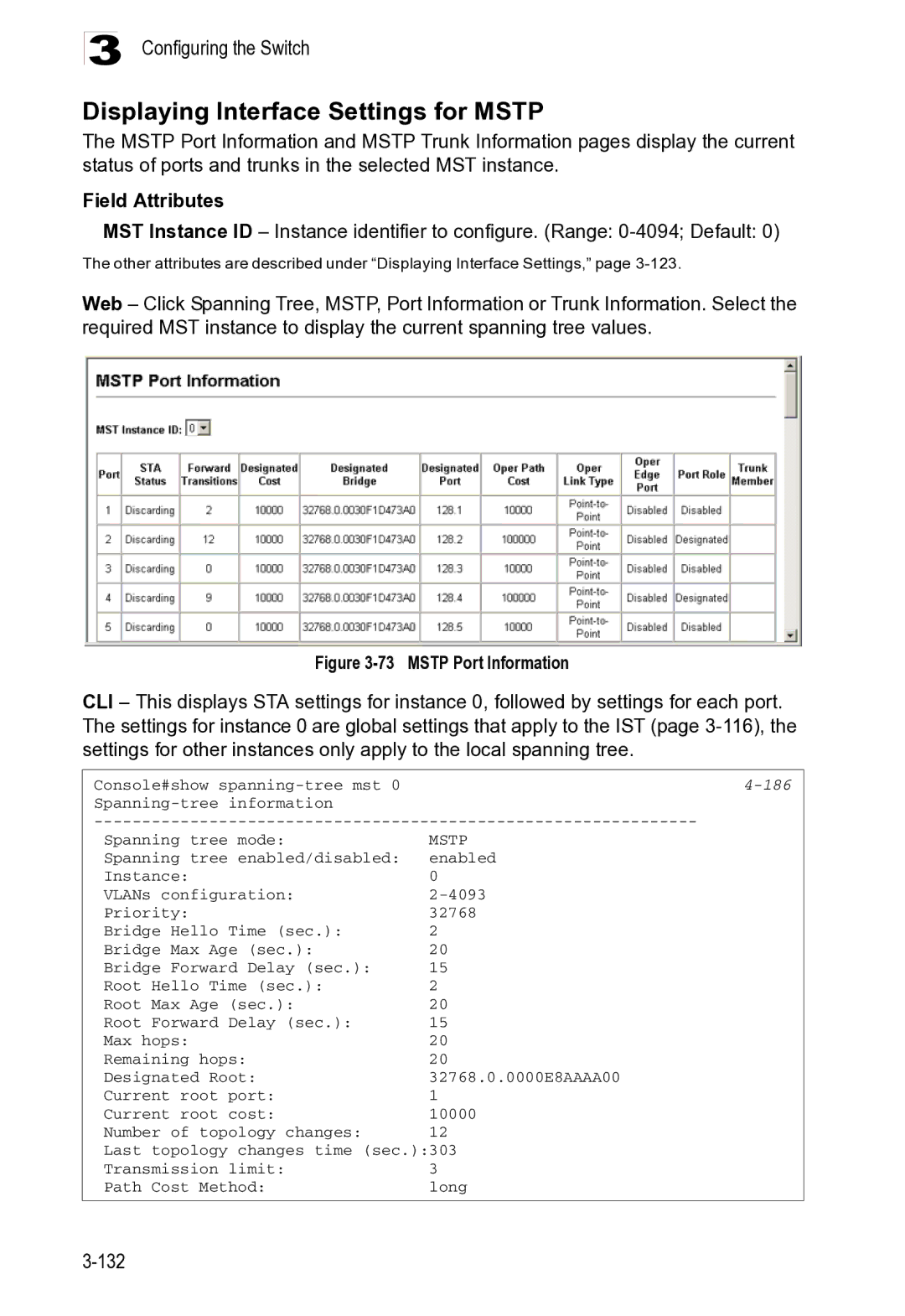 Microsoft ES4625, ES4649 manual Displaying Interface Settings for Mstp, 132 