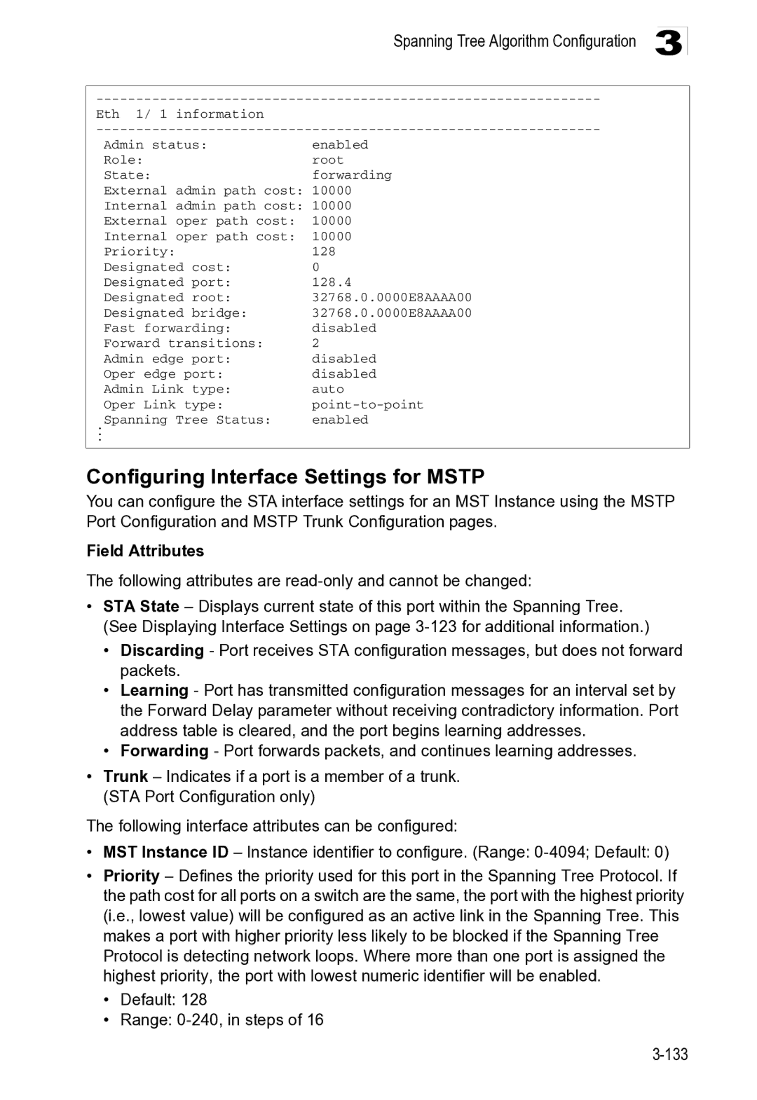 Microsoft ES4649, ES4625 manual Configuring Interface Settings for Mstp, 133 