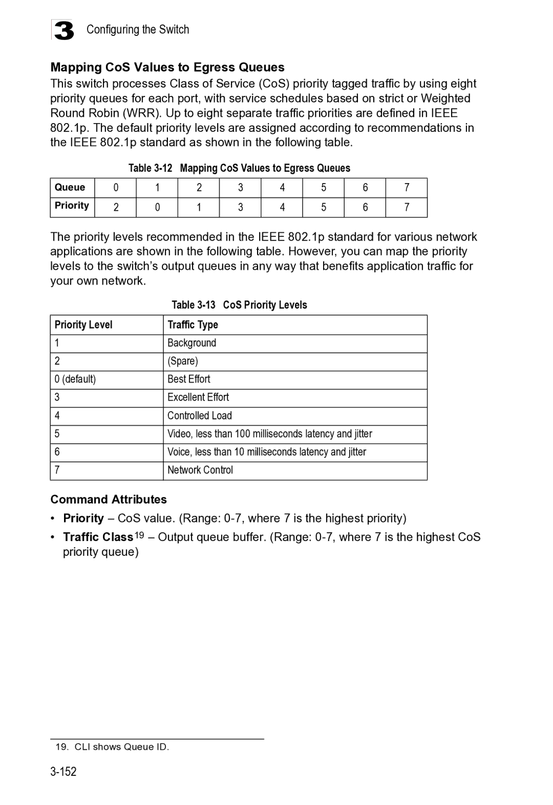 Microsoft ES4625, ES4649 manual Configuring the Switch Mapping CoS Values to Egress Queues, 152 