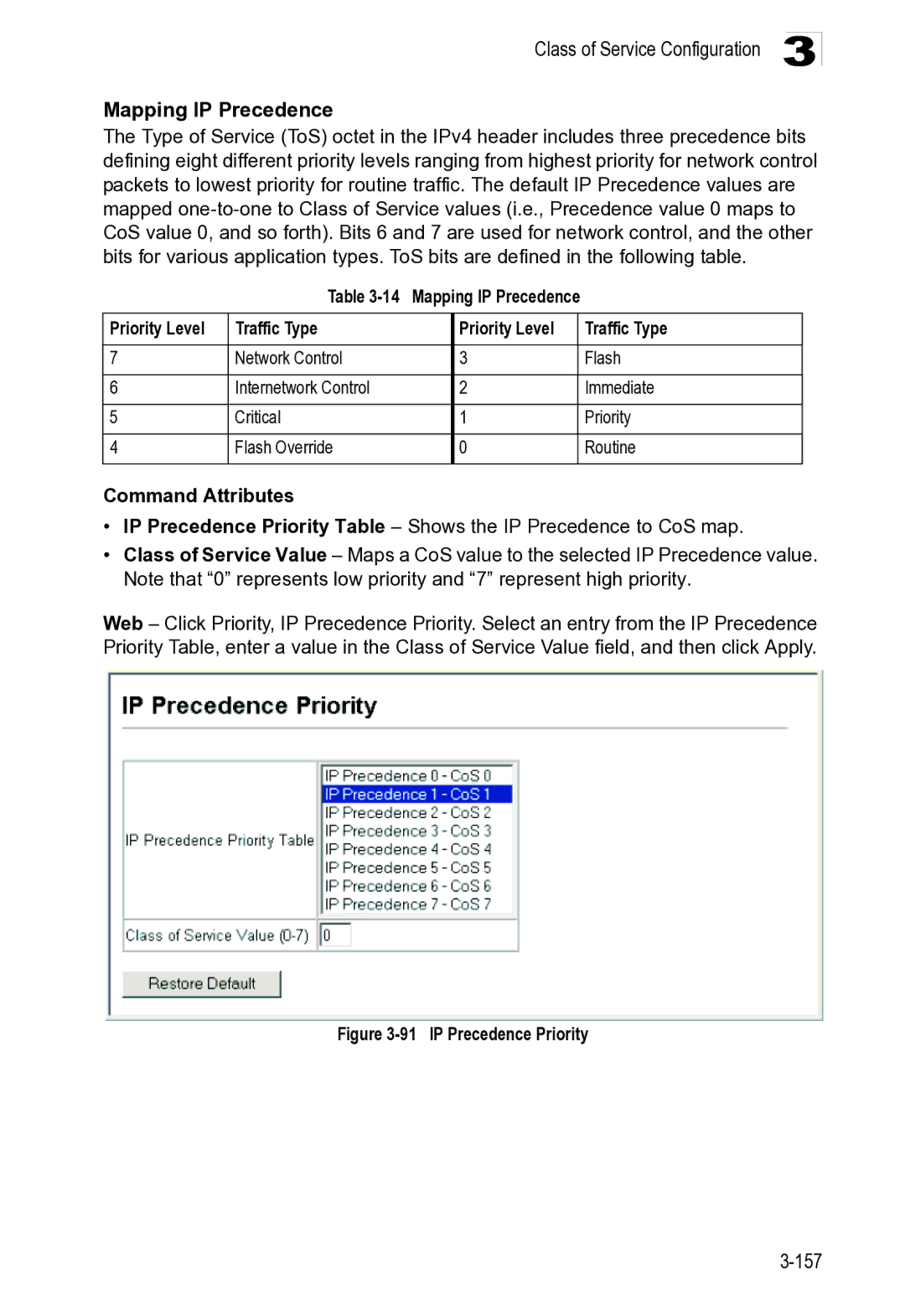 Microsoft ES4649, ES4625 manual Class of Service Configuration Mapping IP Precedence, IP Precedence Priority 