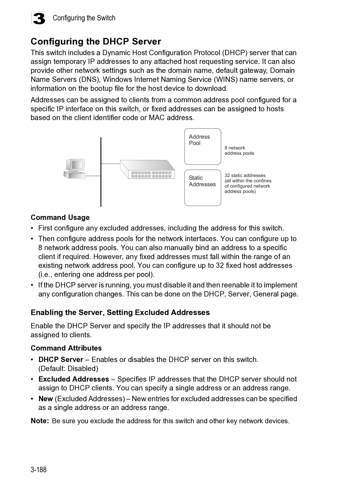 Microsoft ES4625, ES4649 manual Configuring the Dhcp Server, Enabling the Server, Setting Excluded Addresses 