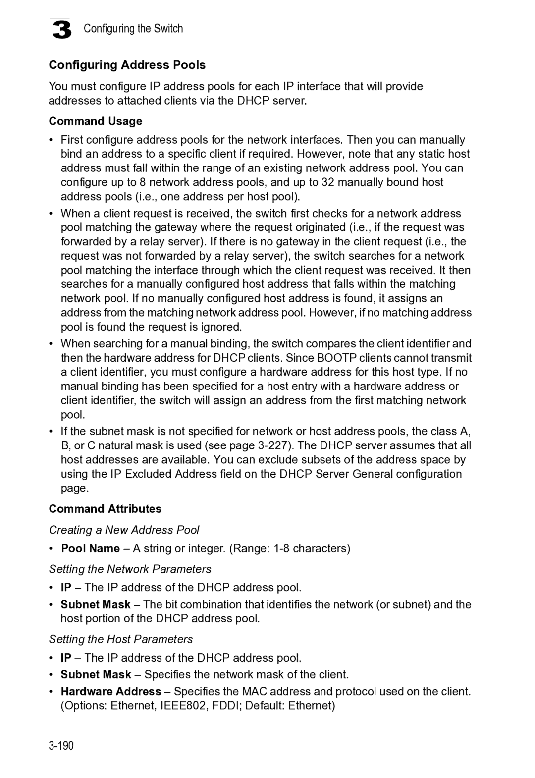 Microsoft ES4625, ES4649 manual Configuring the Switch Configuring Address Pools, Creating a New Address Pool 