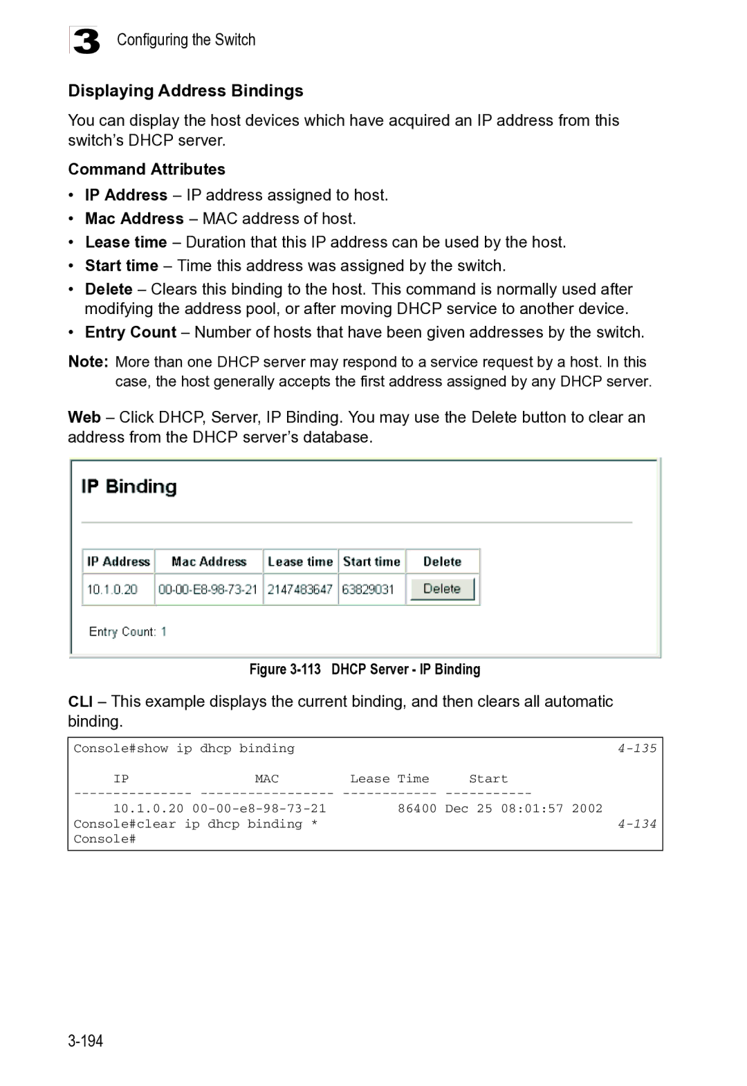 Microsoft ES4625, ES4649 manual Configuring the Switch Displaying Address Bindings, 135 