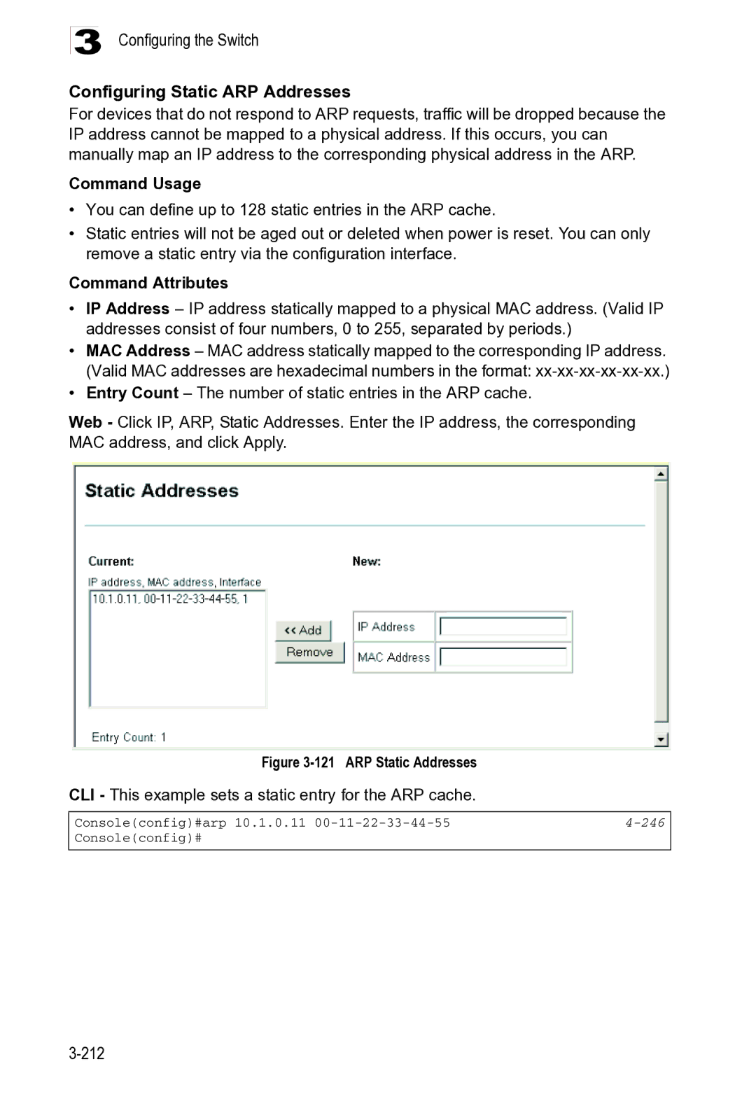 Microsoft ES4625, ES4649 manual Configuring the Switch Configuring Static ARP Addresses, 246 