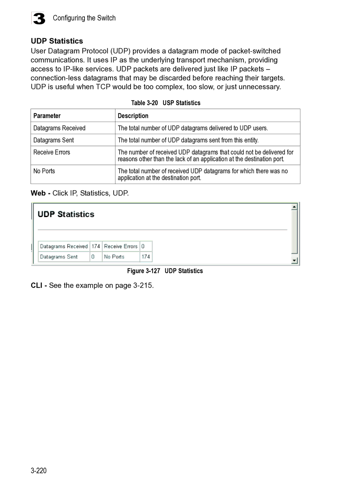 Microsoft ES4625, ES4649 manual Configuring the Switch UDP Statistics, No Ports, Application at the destination port 