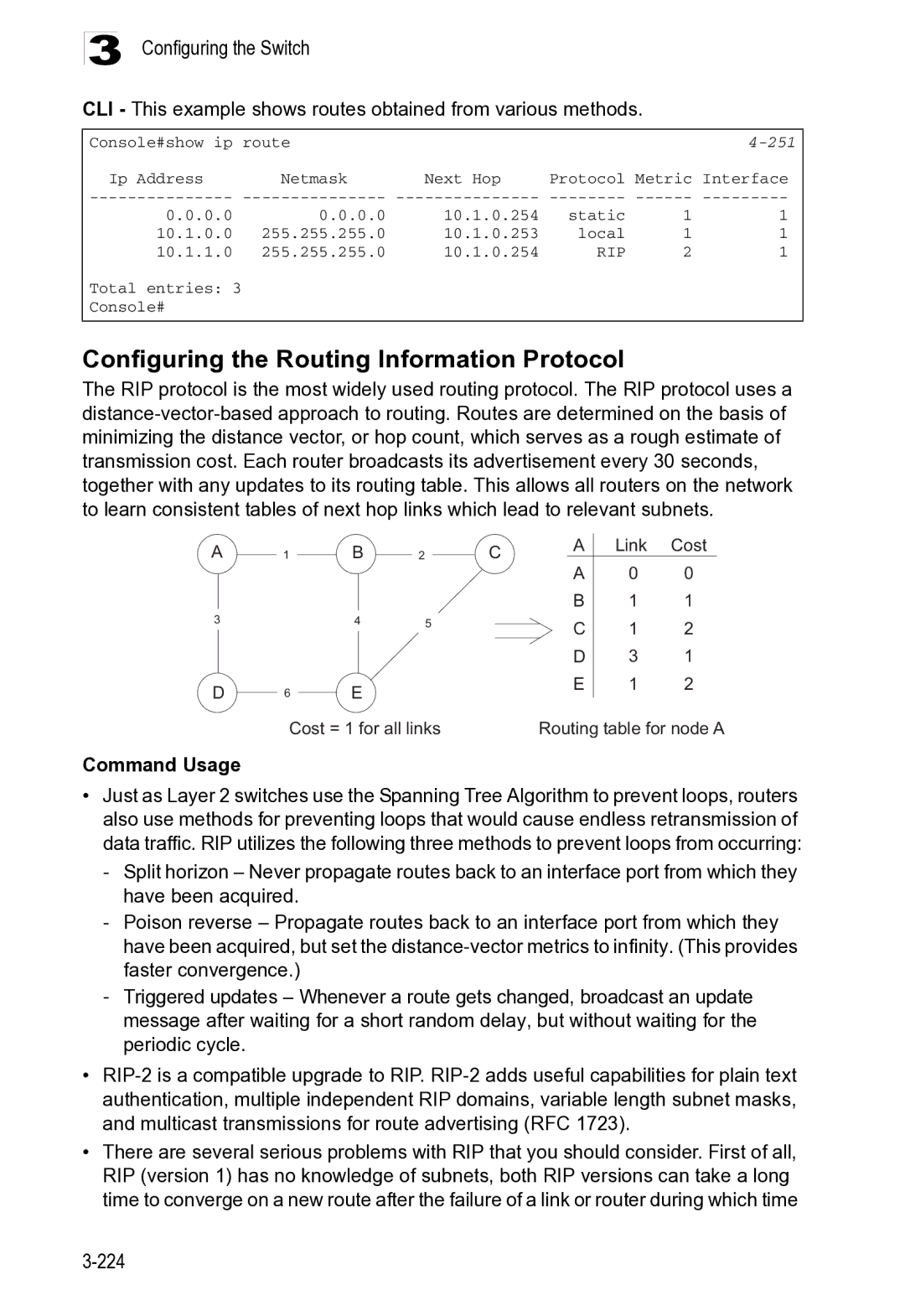 Microsoft ES4625 Configuring the Routing Information Protocol, CLI This example shows routes obtained from various methods 