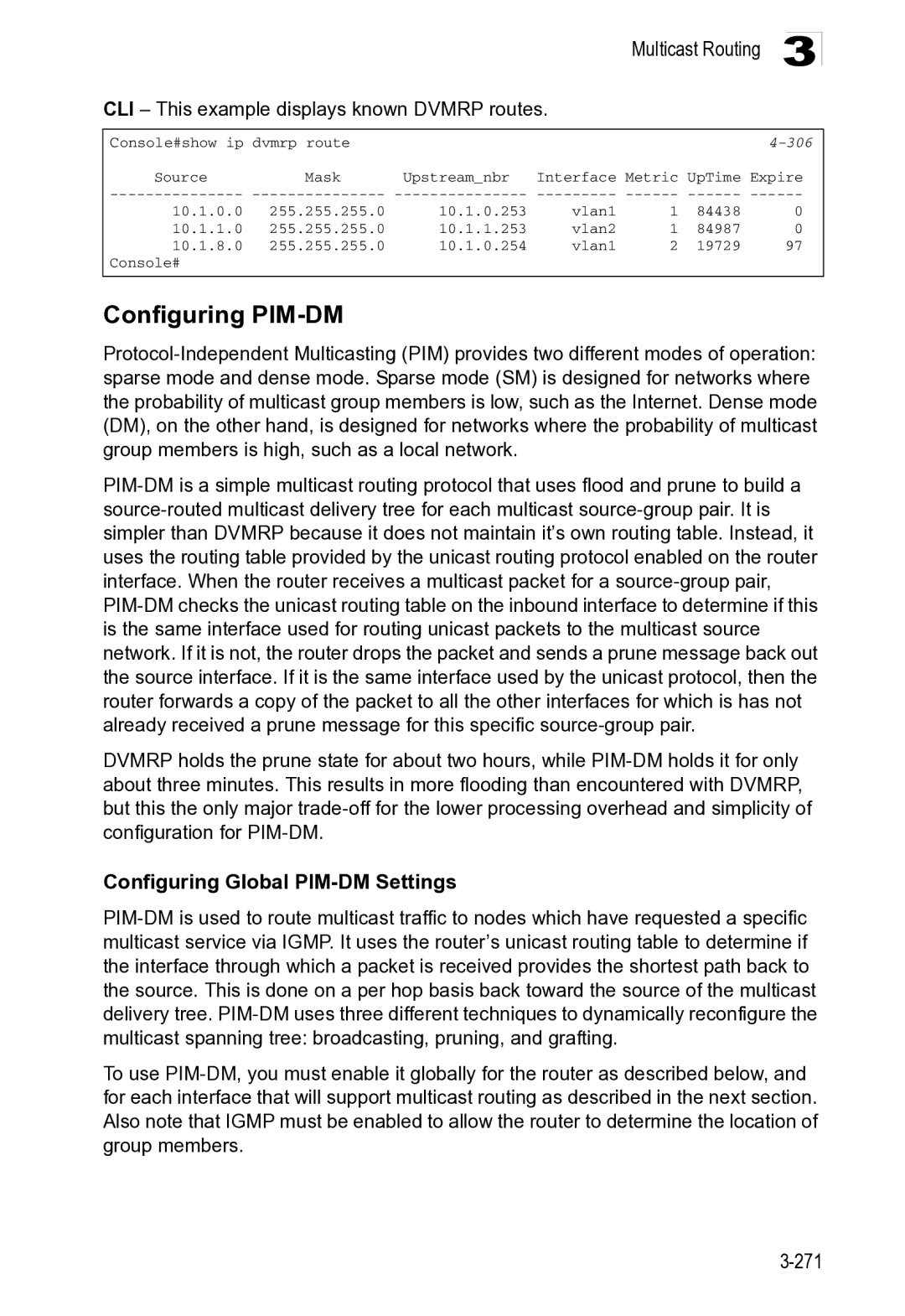 Microsoft ES4649, ES4625 manual Configuring PIM-DM, CLI This example displays known Dvmrp routes, 306 