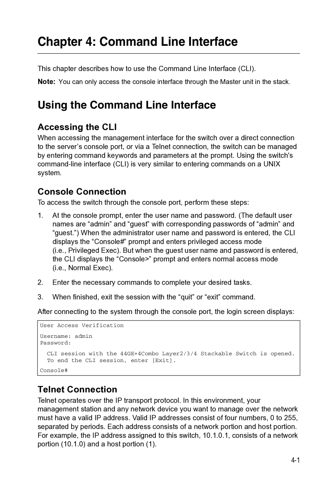 Microsoft ES4649, ES4625 manual Using the Command Line Interface, Accessing the CLI, Telnet Connection 