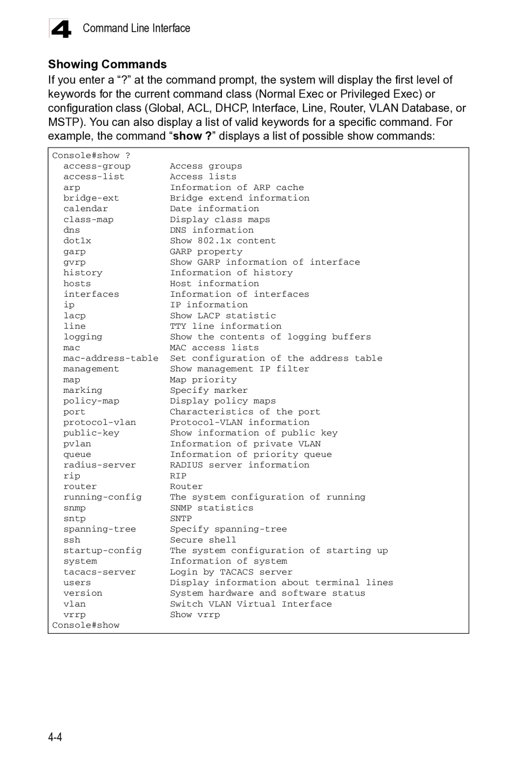 Microsoft ES4625, ES4649 manual Command Line Interface Showing Commands, Sntp 