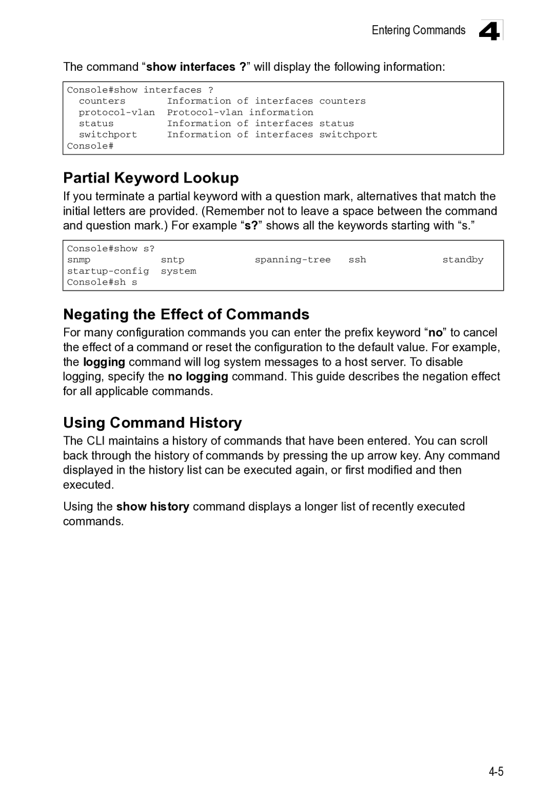 Microsoft ES4649, ES4625 manual Partial Keyword Lookup, Negating the Effect of Commands, Using Command History 